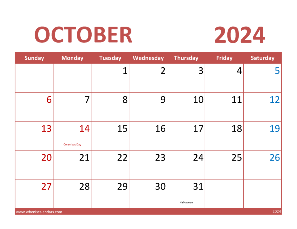 Download Free Printable Oct 2024 Calendar Letter Horizontal 104071