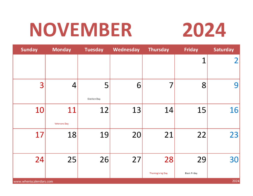 Download Free Printable Nov 2024 Calendar Letter Horizontal 114071