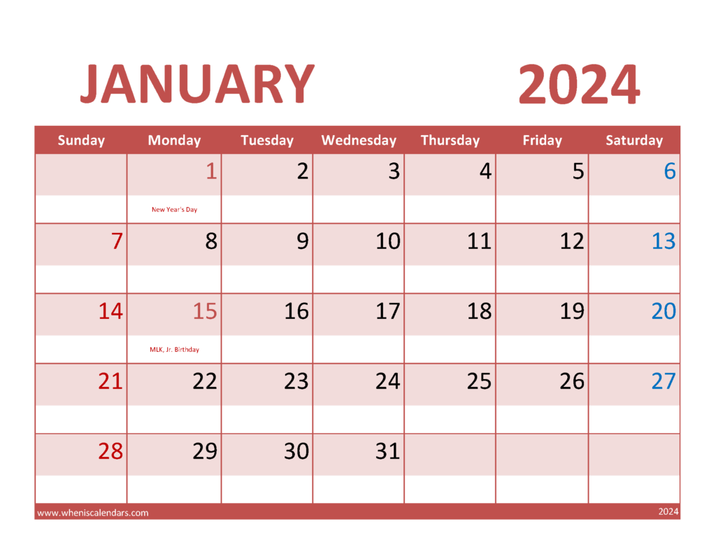 Download Free Printable Calendar for January 2024 Letter Horizontal J4072