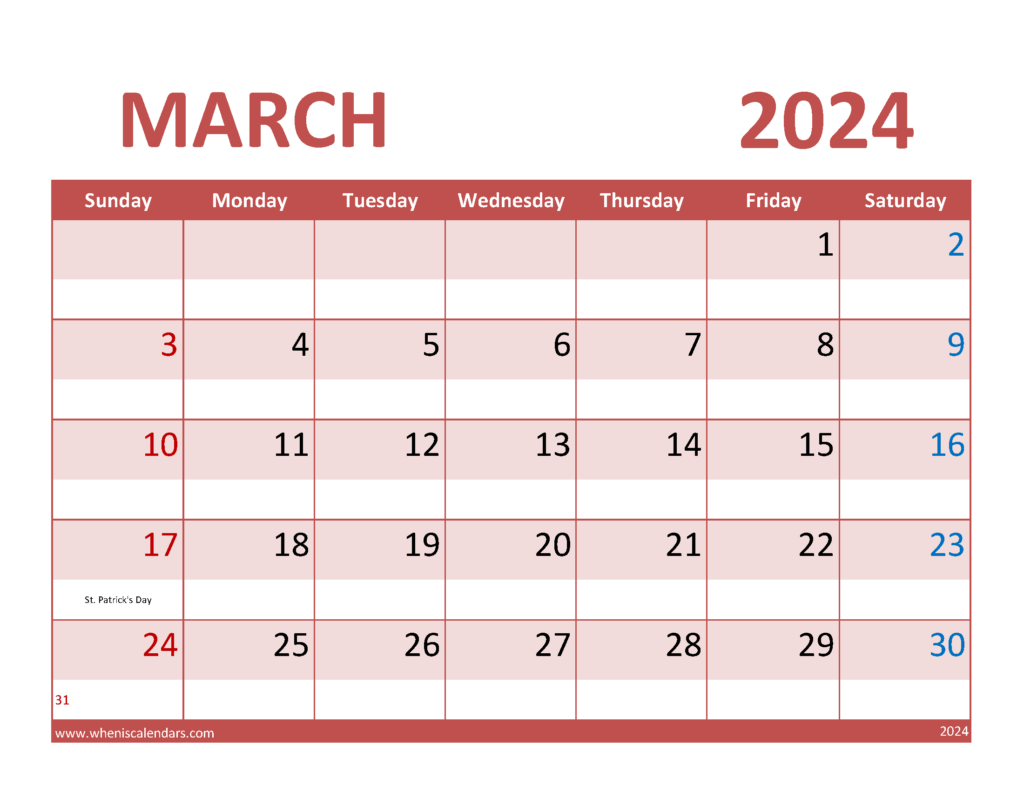Download Free Printable Calendar for March 2024 Letter Horizontal 34072