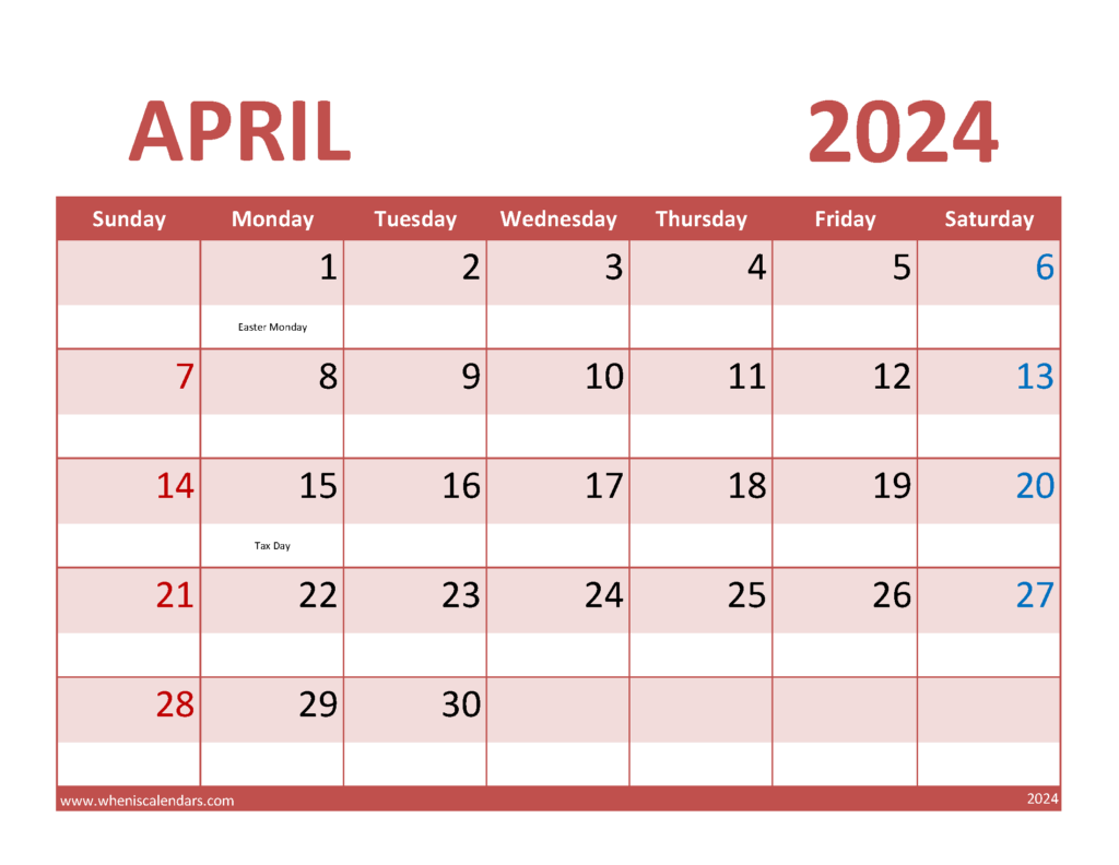 Download Free Printable Calendar for April 2024 Letter Horizontal 44072