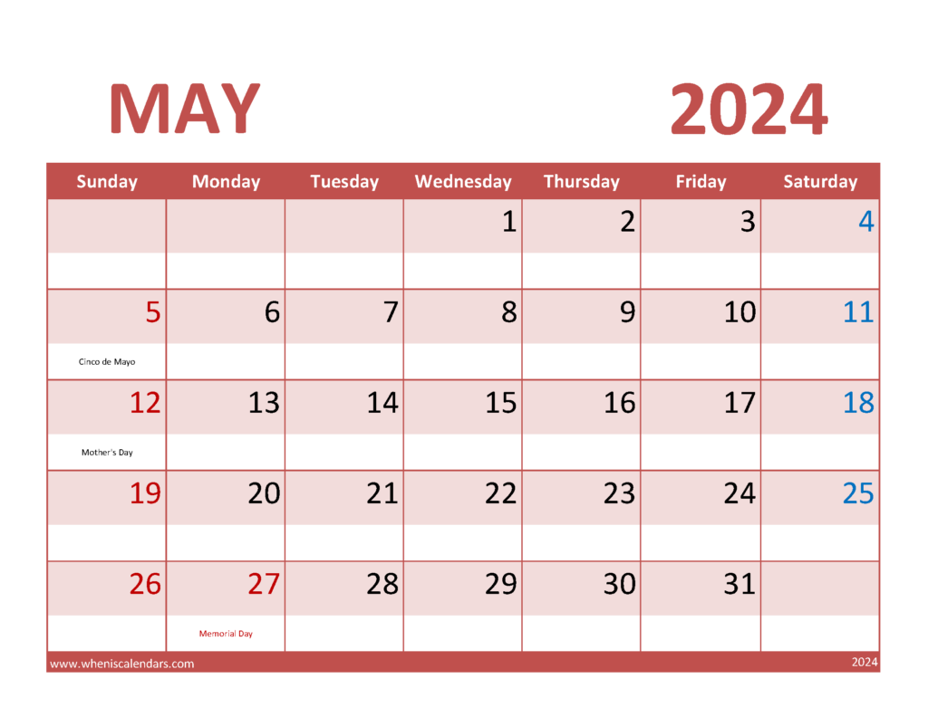 Download Free Printable Calendar for May 2024 Letter Horizontal 54072