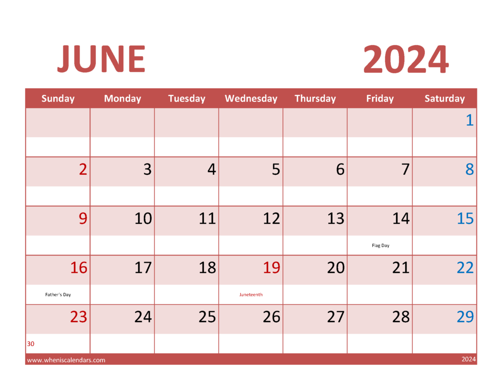 Download Free Printable Calendar for June 2024 Letter Horizontal 64072