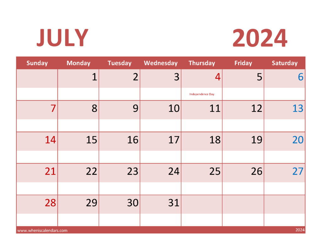 Download Free Printable Calendar for July 2024 Letter Horizontal 74072