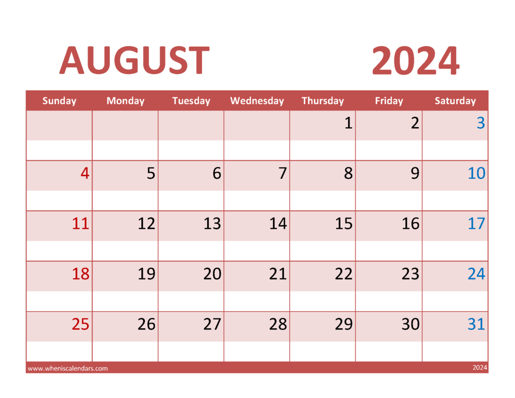 Download Free Printable Calendar for August 2024 Letter Horizontal 84072