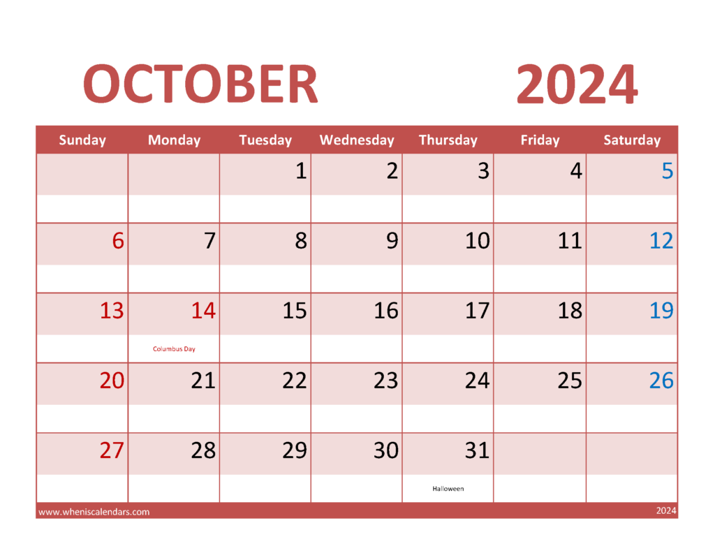 Download Free Printable Calendar for October 2024 Letter Horizontal 104072
