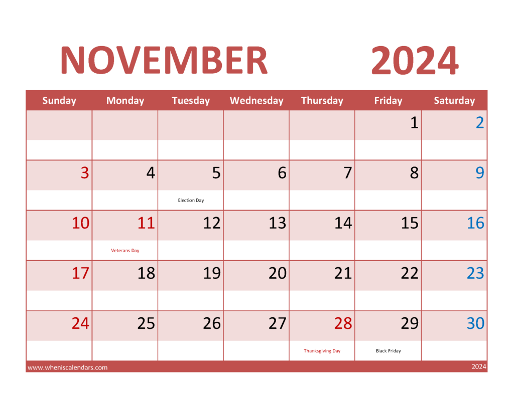 Download Free Printable Calendar for November 2024 Letter Horizontal 114072