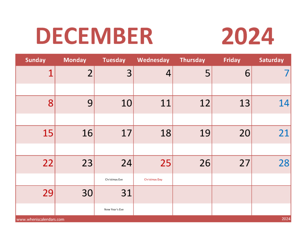 Download Free Printable Calendar for December 2024 Letter Horizontal 124072