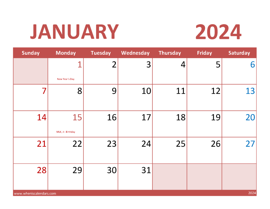 Download January 2024 Free Calendar Letter Horizontal J4073