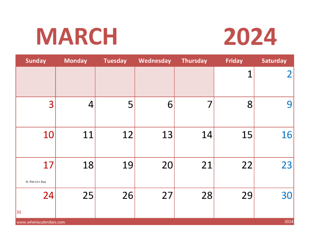 Download March 2024 Free Calendar Letter Horizontal 34073