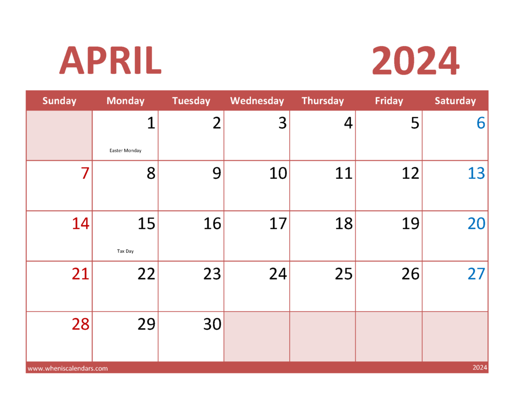 Download April 2024 Free Calendar Letter Horizontal 44073