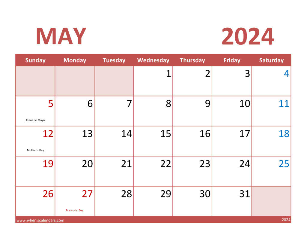 Download May 2024 Free Calendar Letter Horizontal 54073