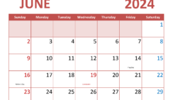 June 2024 Calendar Free Template J6353
