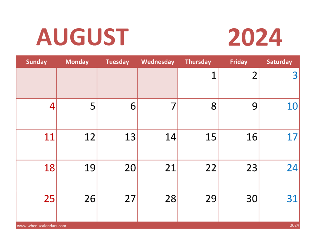 Download August 2024 Free Calendar Letter Horizontal 84073