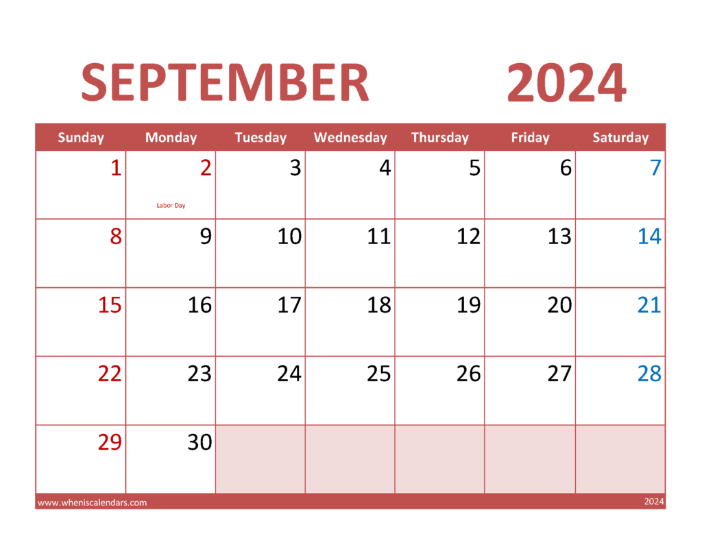 Download September 2024 Free Calendar Letter Horizontal 94073