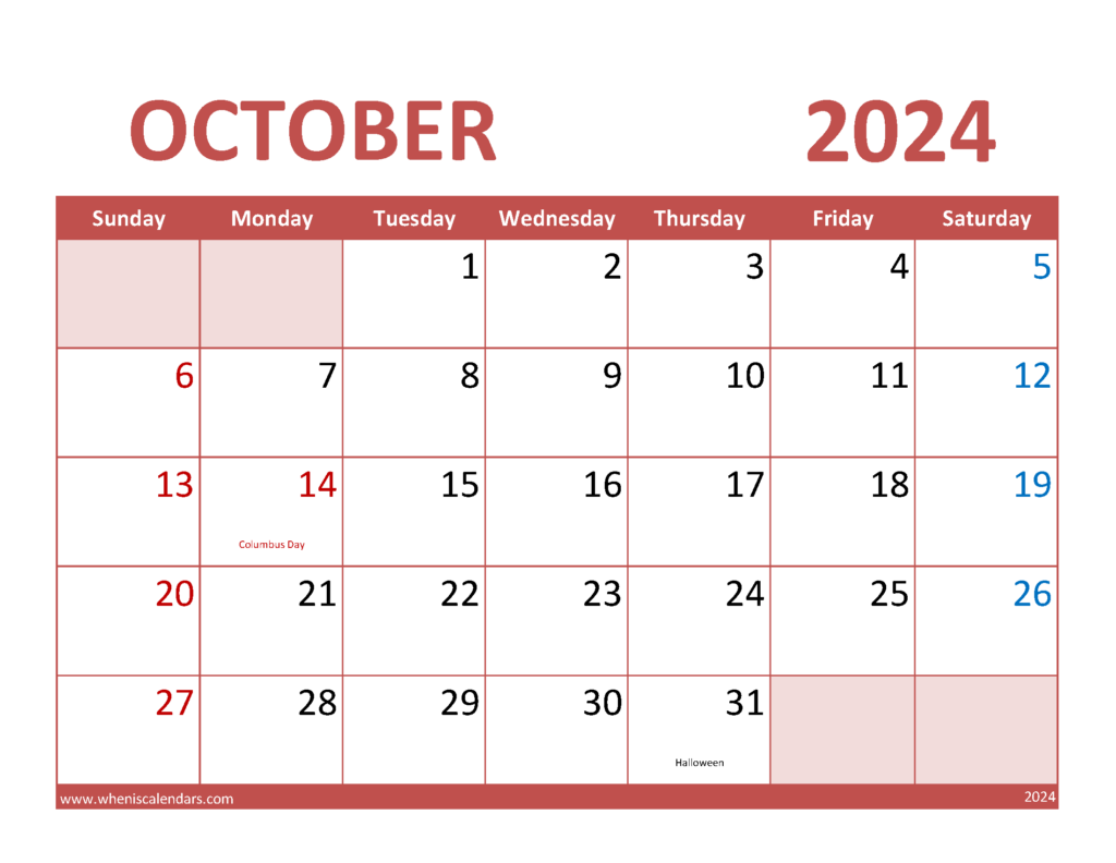 Download October 2024 Free Calendar Letter Horizontal 104073