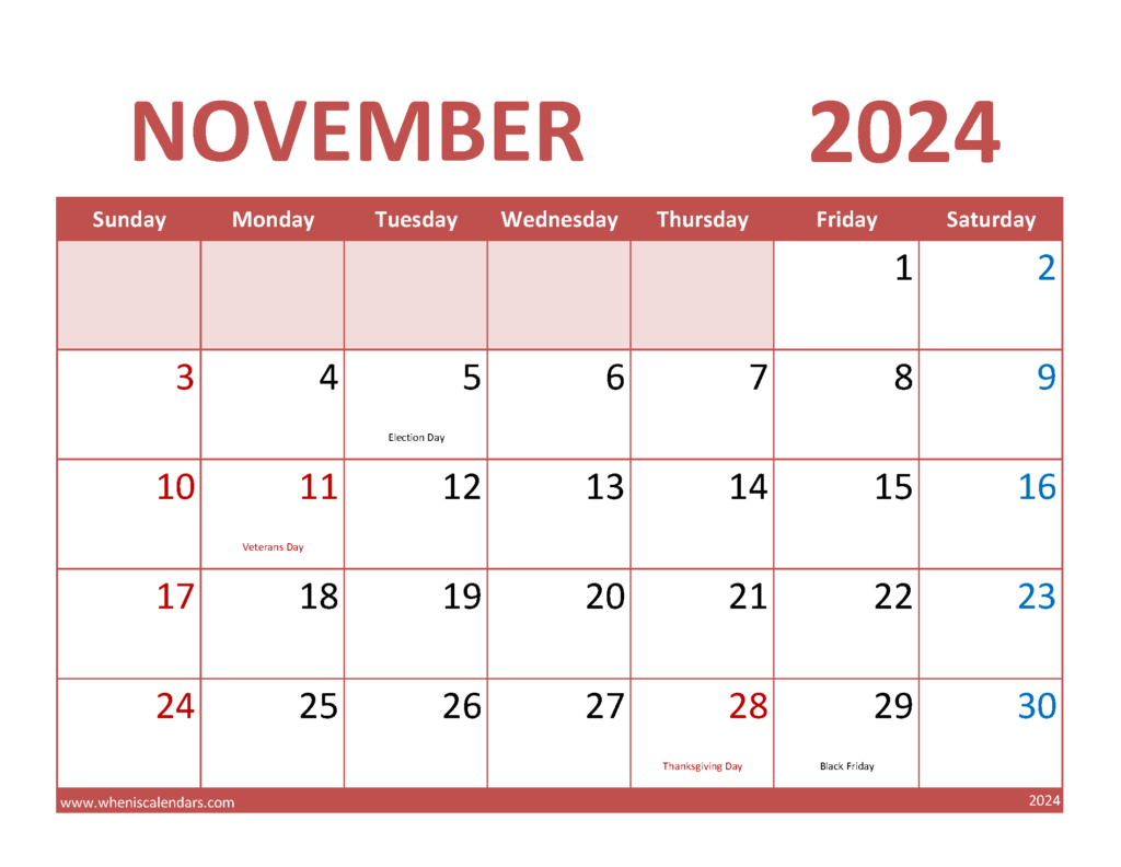 Download November 2024 Free Calendar Letter Horizontal 114073