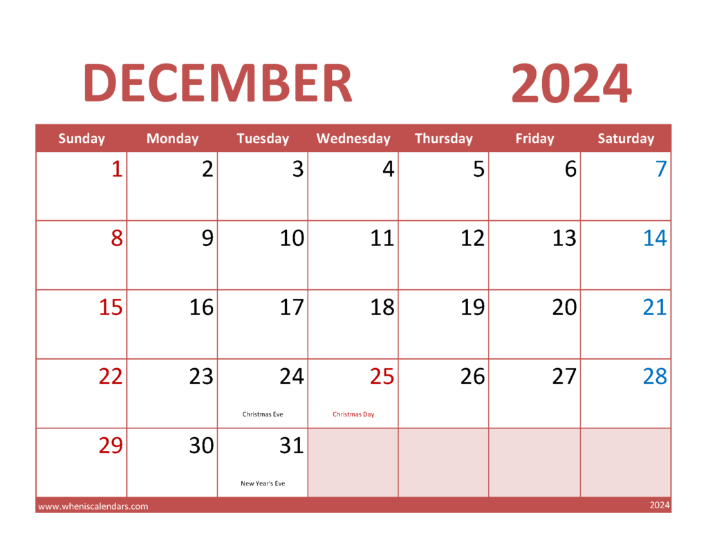 Download December 2024 Free Calendar Letter Horizontal 124073