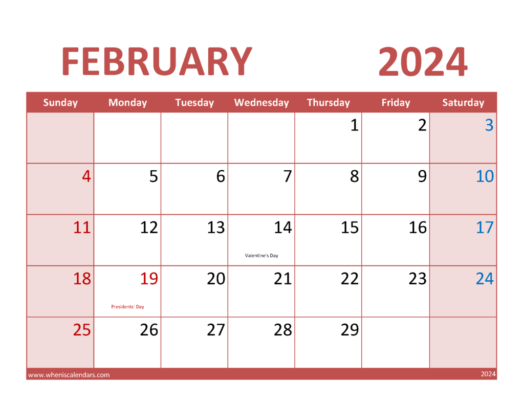 Download Blank February 2024 Calendar Printable pdf Letter Horizontal 24074