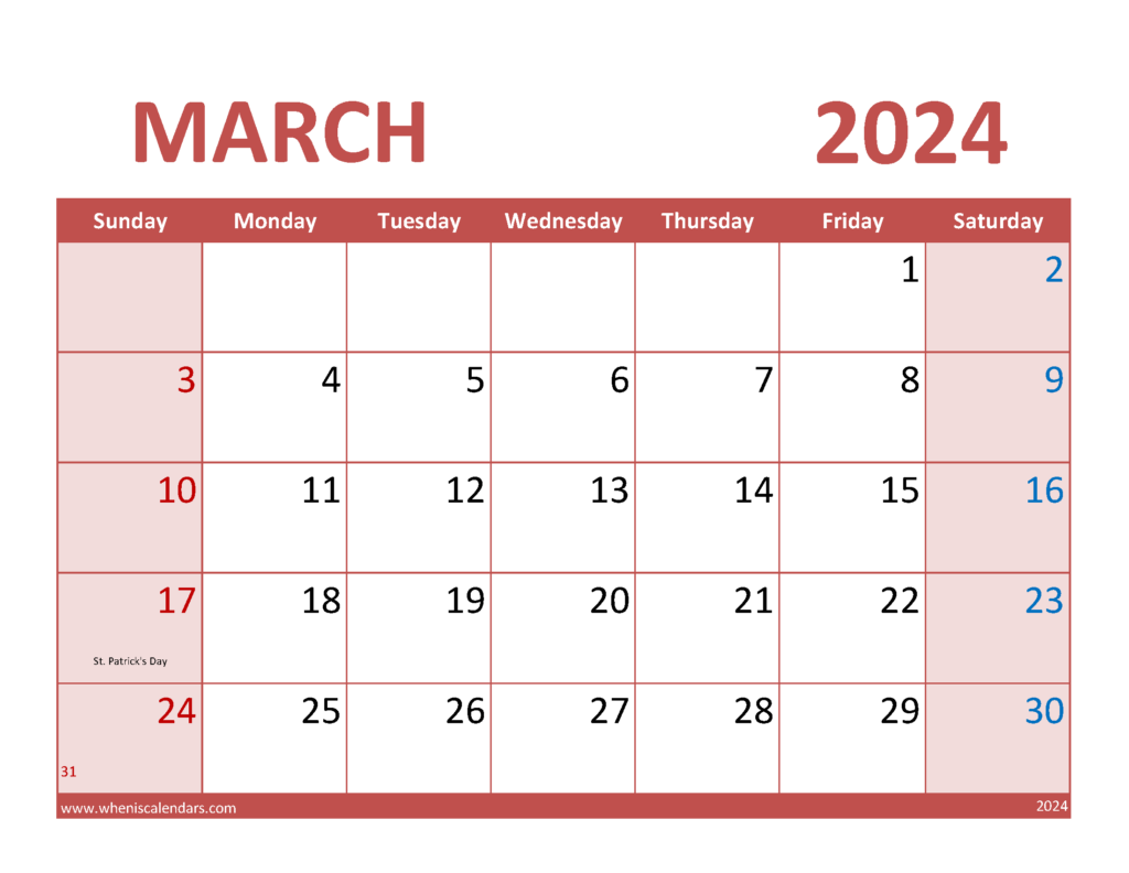 Download Blank March 2024 Calendar Printable pdf Letter Horizontal 34074