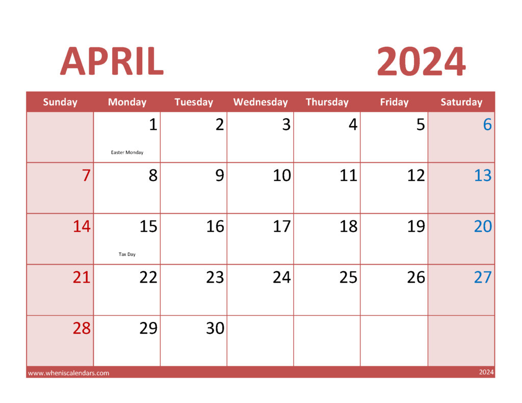 Download Blank April 2024 Calendar Printable pdf Letter Horizontal 44074