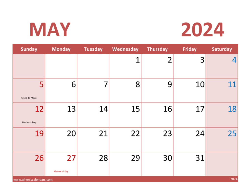 Download Blank May 2024 Calendar Printable pdf Letter Horizontal 54074
