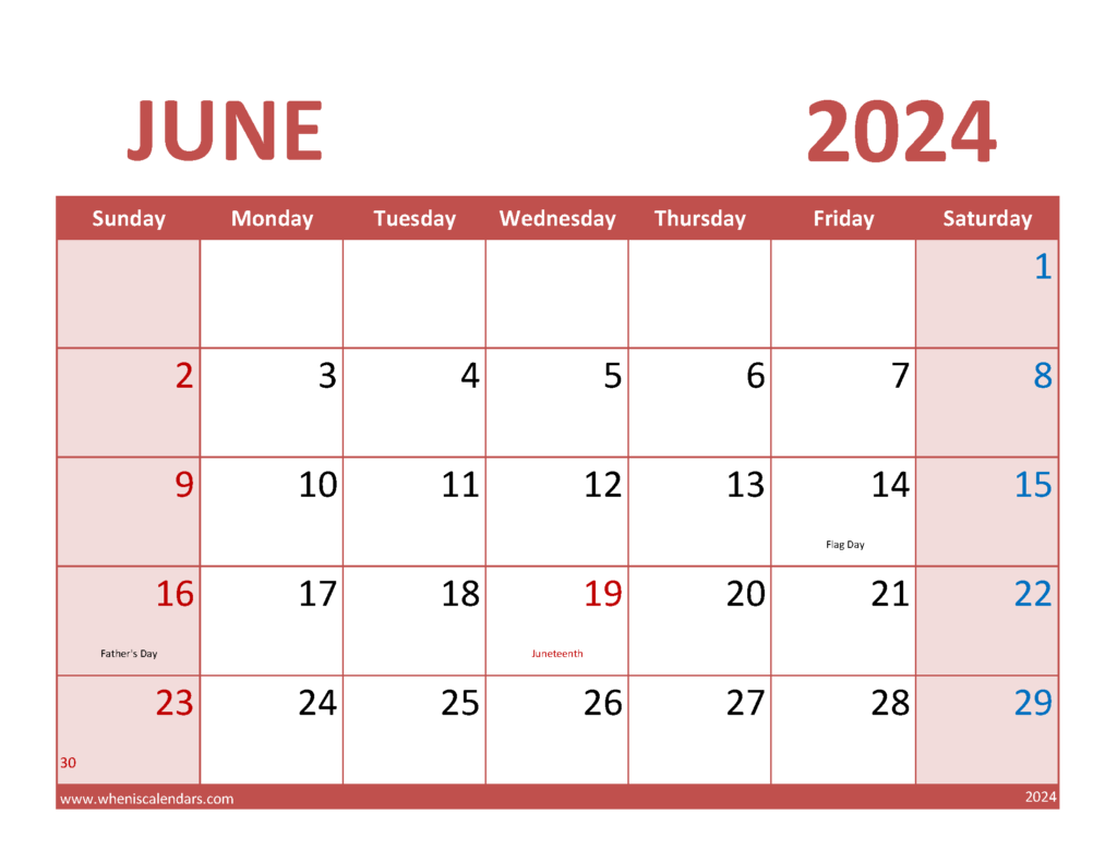 Download Blank June 2024 Calendar Printable pdf Letter Horizontal 64074