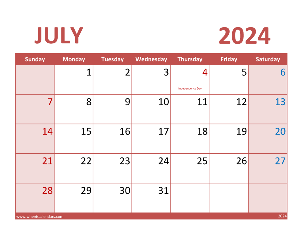 Download Blank July 2024 Calendar Printable pdf Letter Horizontal 74074
