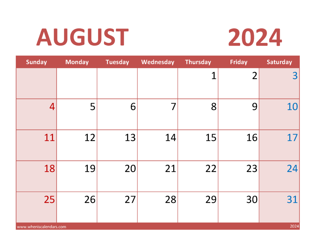 Download Blank August 2024 Calendar Printable pdf Letter Horizontal 84074