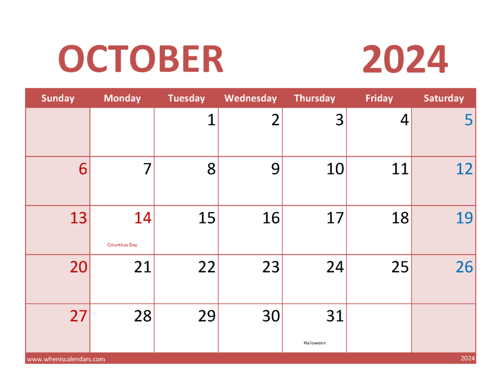 Download Blank October 2024 Calendar Printable pdf Letter Horizontal 104074