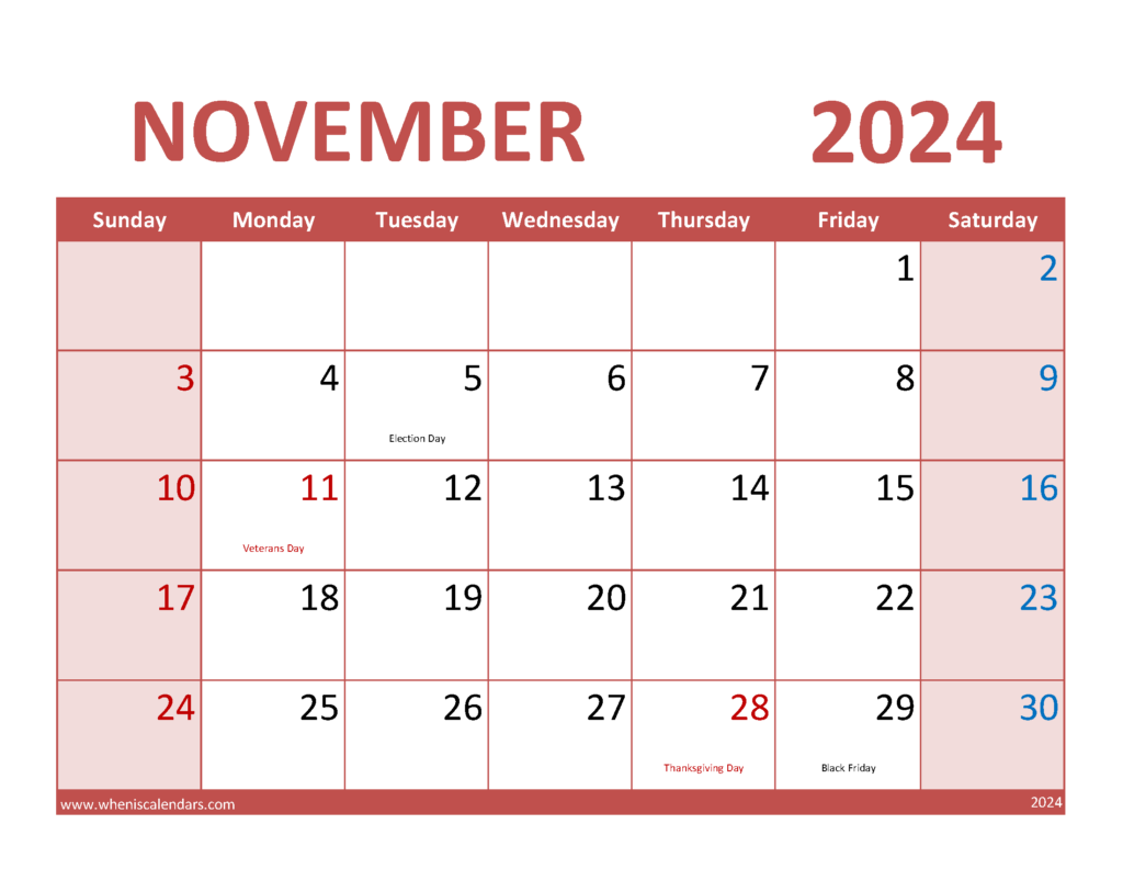 Download Blank November 2024 Calendar Printable pdf Letter Horizontal 114074