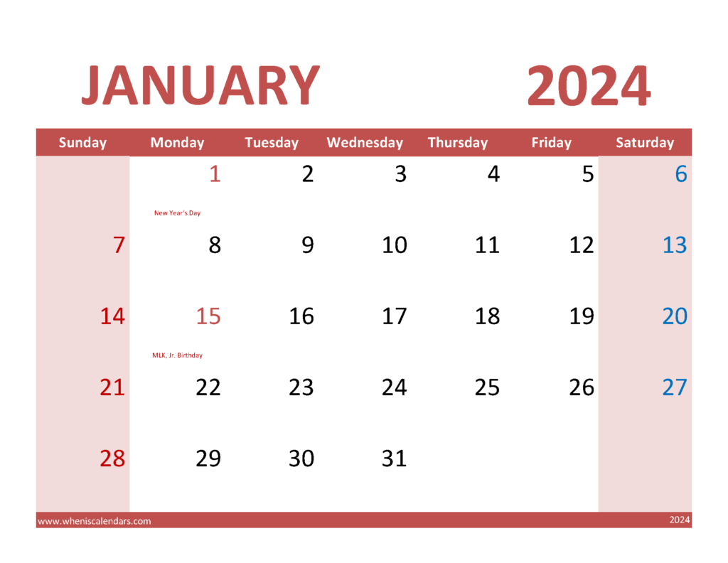 Download Jan Calendar 2024 with Holidays Letter Horizontal J4075