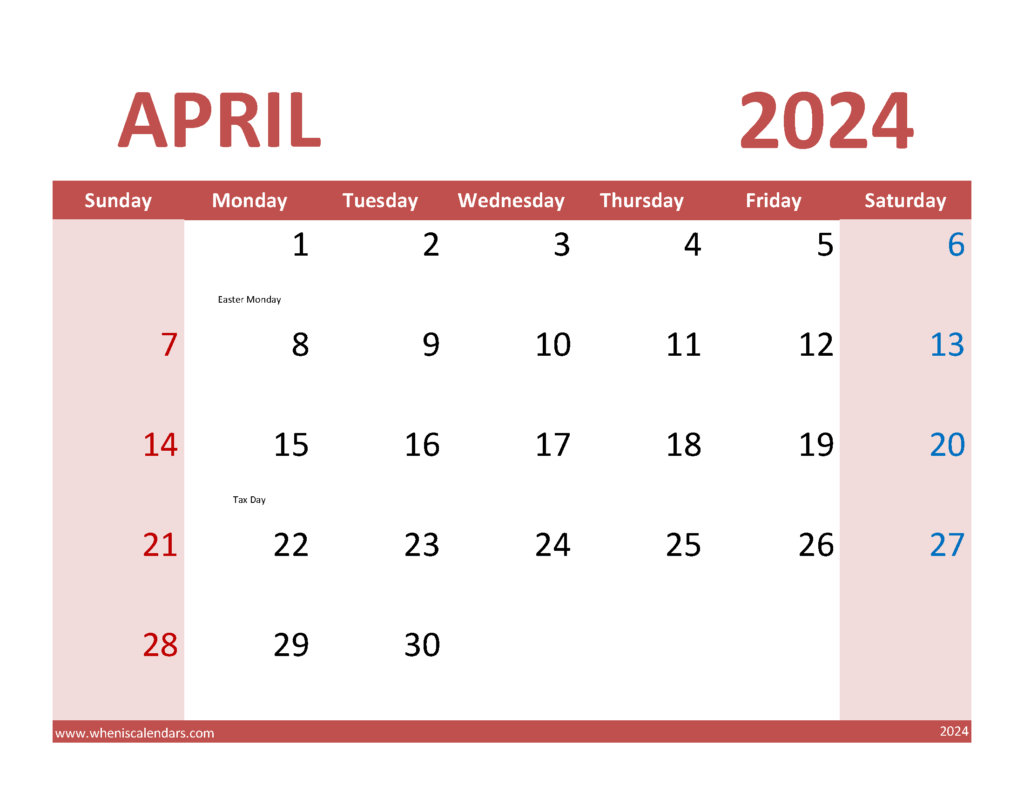 Download Apr Calendar 2024 with Holidays Letter Horizontal 44075