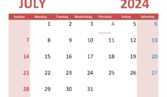 Blank Calendar July 2024 PDF J7355