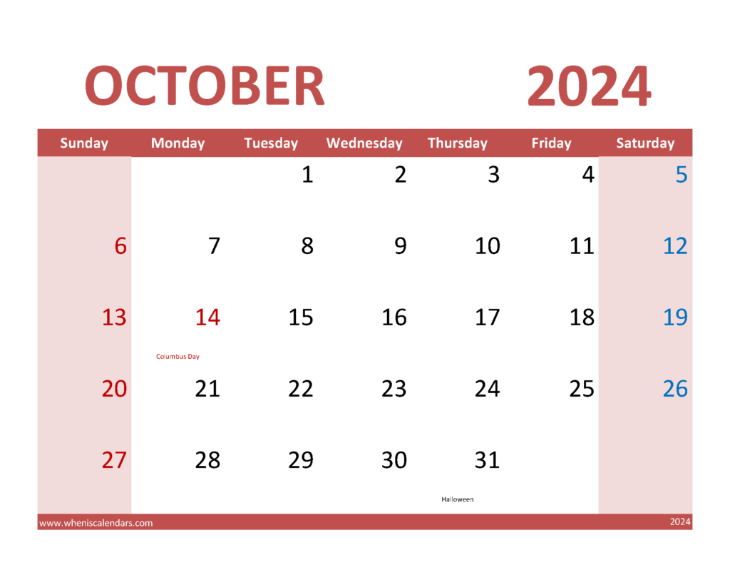 Download Oct Calendar 2024 with Holidays Letter Horizontal 104075