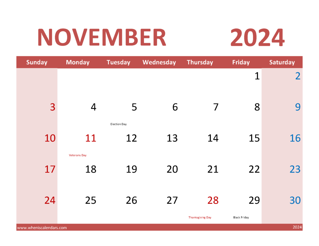Download Nov Calendar 2024 with Holidays Letter Horizontal 114075