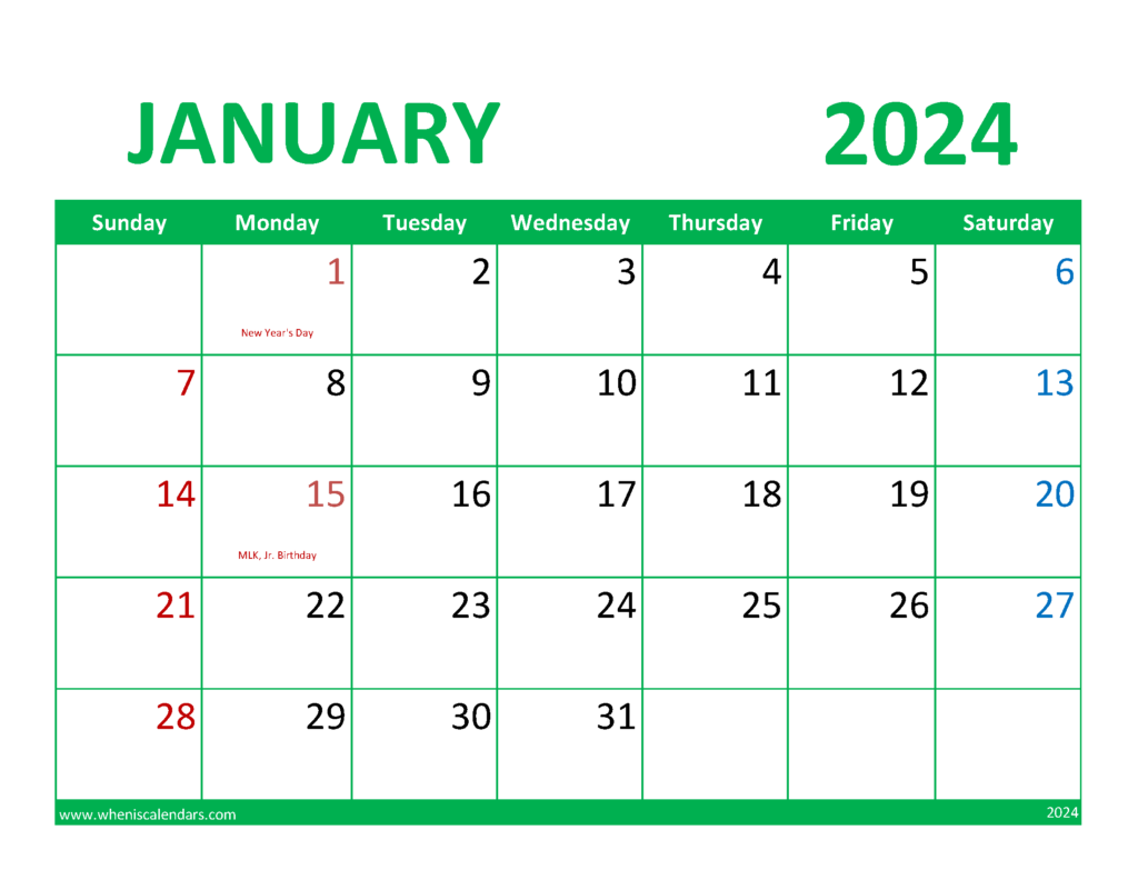 Download Calendar January 2024 Printable Free Letter Horizontal J4076