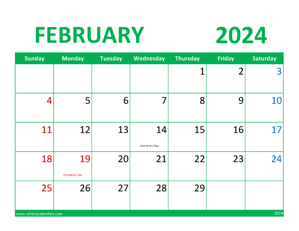 Download Calendar February 2024 Printable Free Letter Horizontal 24076