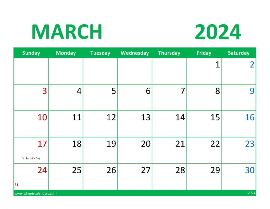 Download Calendar March 2024 Printable Free Letter Horizontal 34076