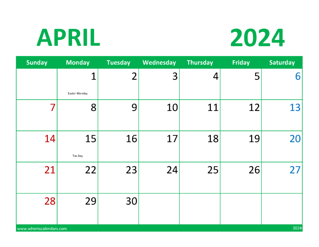 Download Calendar April 2024 Printable Free Letter Horizontal 44076