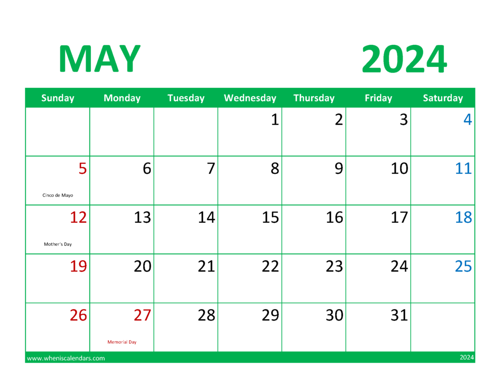 Free Printable May 2024 Monthly Calendar M5356