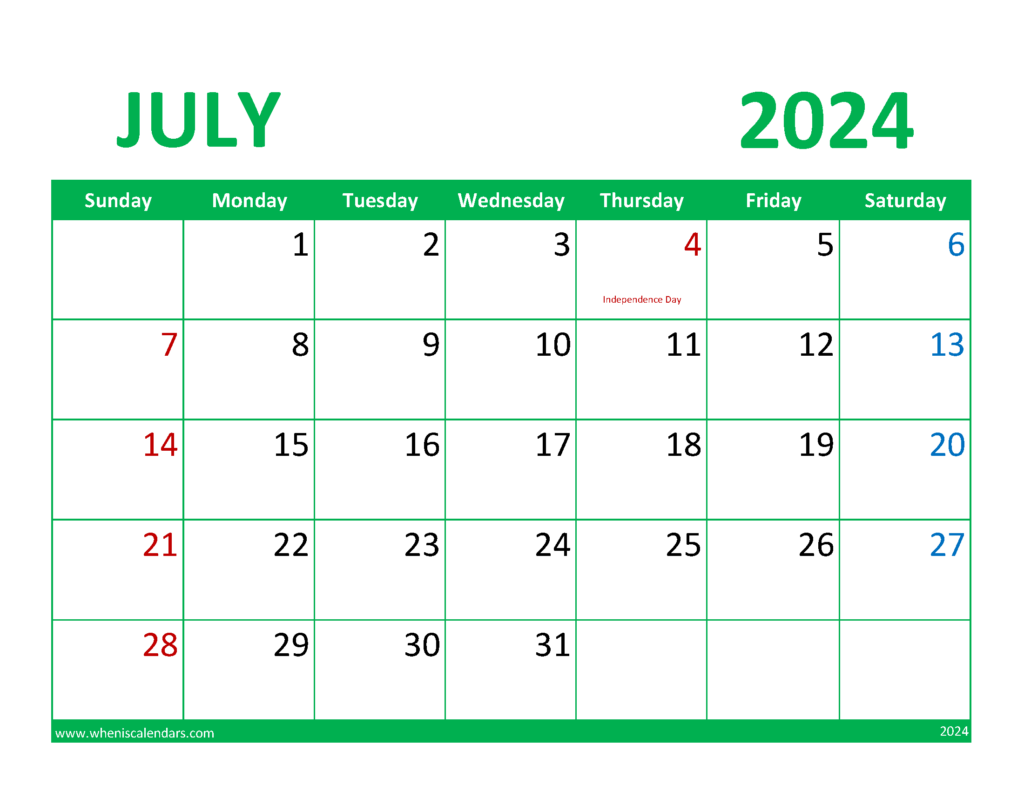 Download Calendar July 2024 Printable Free Letter Horizontal 74076