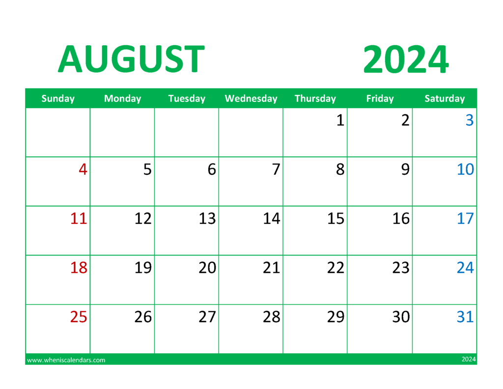 Download Calendar August 2024 Printable Free Letter Horizontal 84076