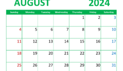 Free Printable August 2024 Monthly Calendar A8356