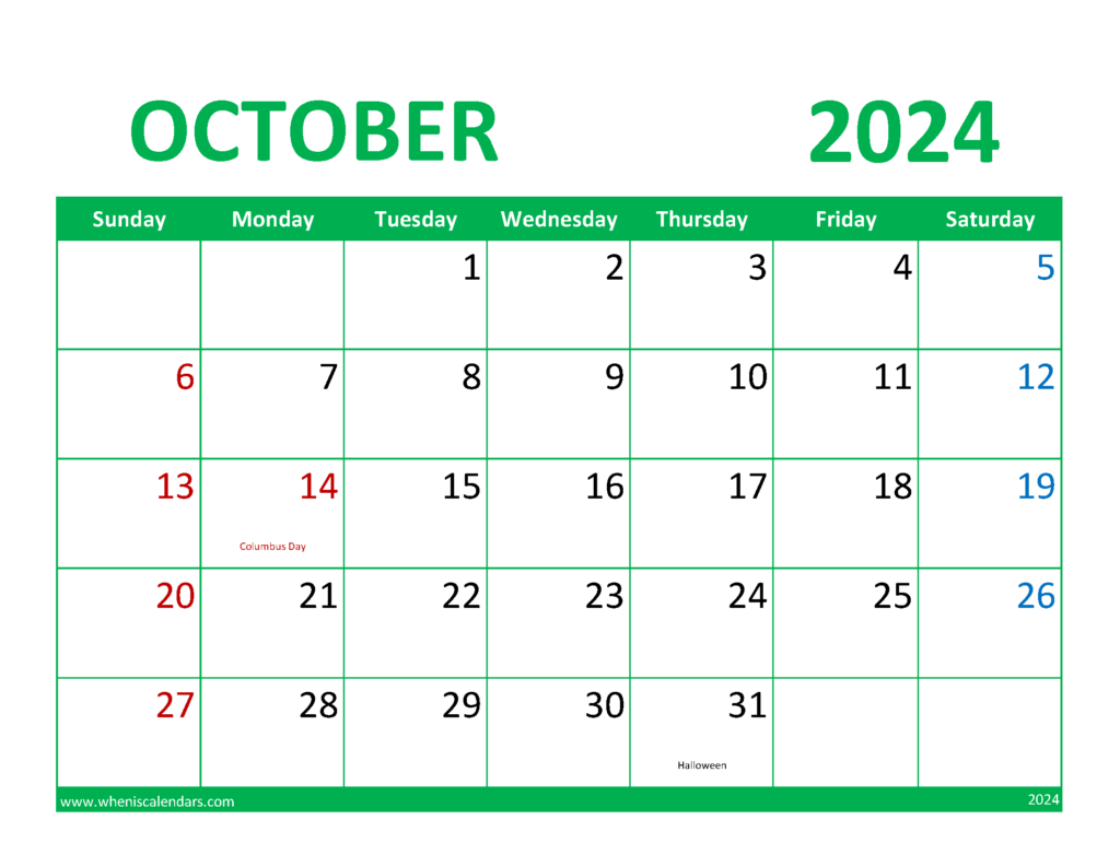 Download Calendar October 2024 Printable Free Letter Horizontal 104076