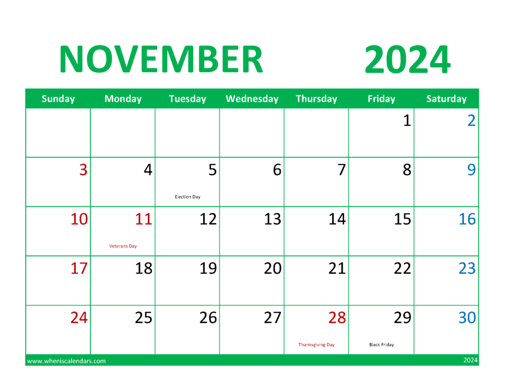 Download Calendar November 2024 Printable Free Letter Horizontal 114076
