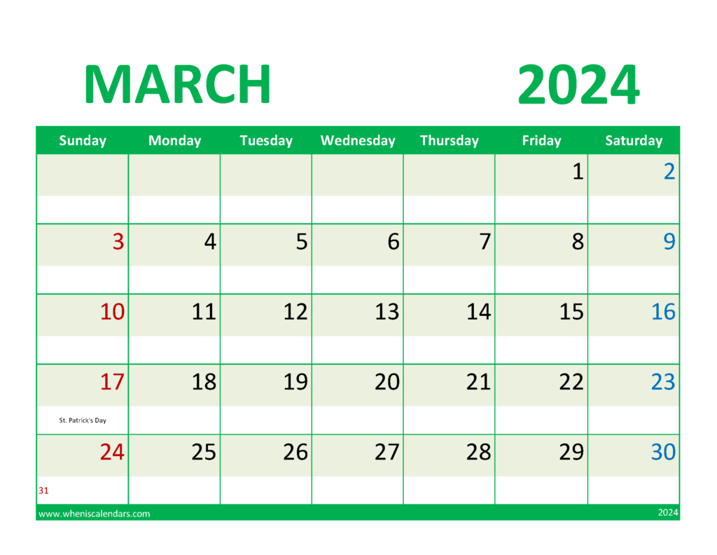 Download Free Printable March Calendar Letter Horizontal 34077
