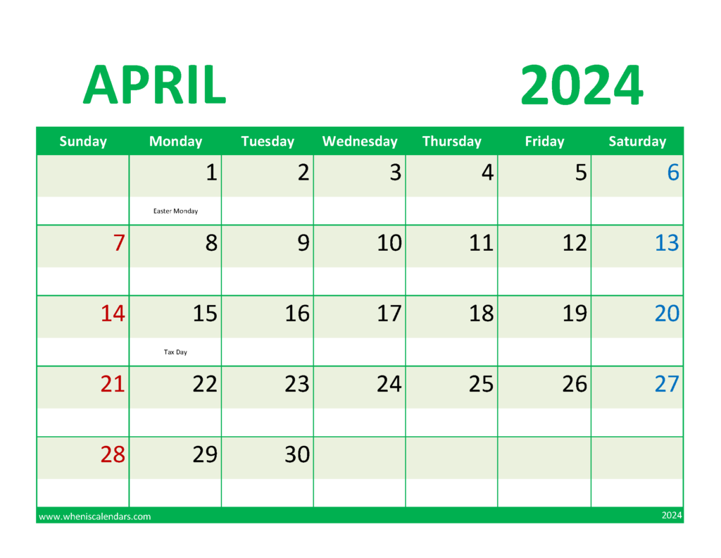 Download Free Printable April Calendar Letter Horizontal 44077