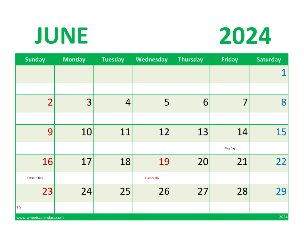 Download Free Printable June Calendar Letter Horizontal 64077