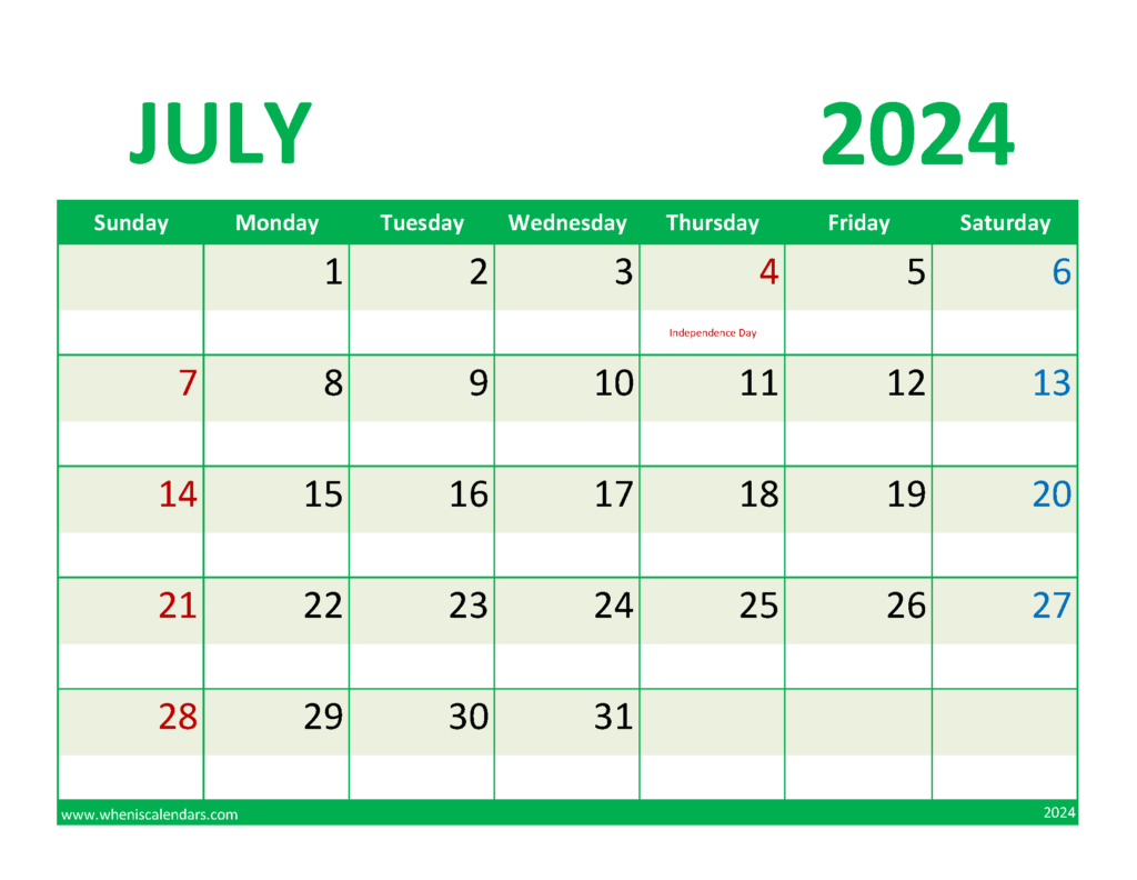 Download Free Printable July Calendar Letter Horizontal 74077